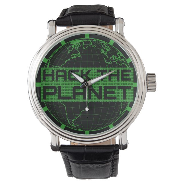 Hack the Planet Green Globe Computer Hacker Design Armbanduhr (Vorderseite)
