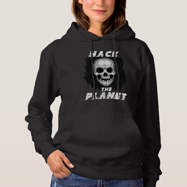 Hack The Planet Retro Pixel Computer Skull Graphic Hoodie (Vorderseite)