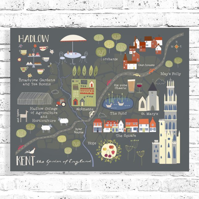 Hadlow, Kent Illustriert English Village Map Fotodruck (Hadlow, Kent English village artist map poster)