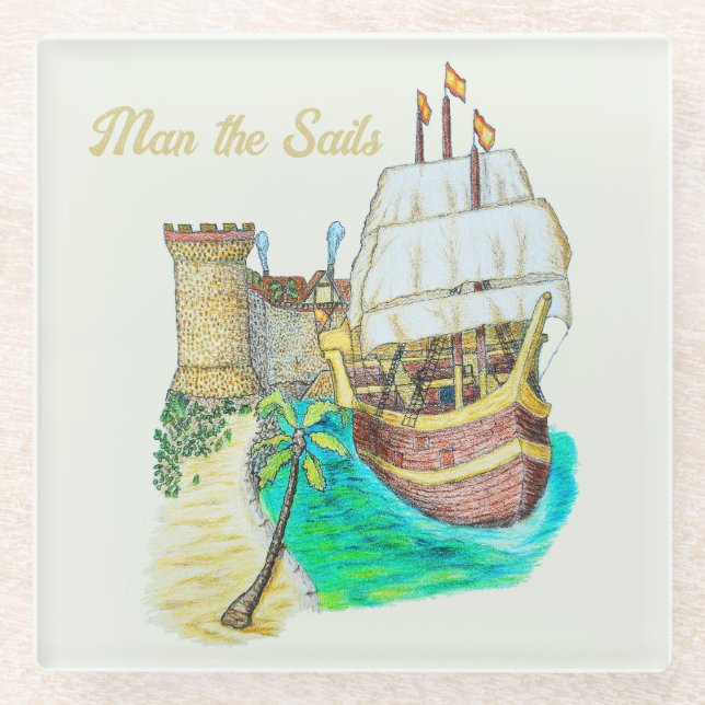 Hafen Galleon Glasuntersetzer (Vorderseite)
