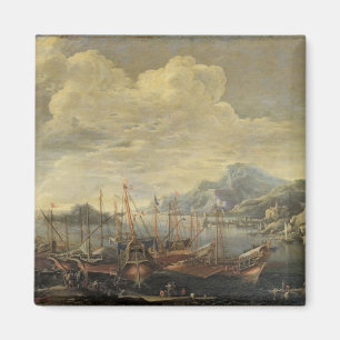 Hafen mit Leuchtturm und Schiffen (Öl auf Magnet