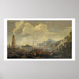 Hafen mit Leuchtturm und Schiffen (Öl auf Poster