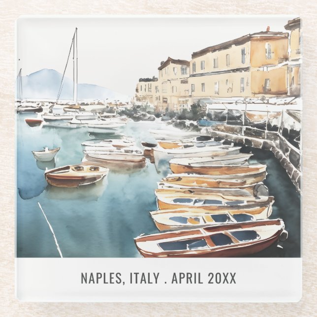 Hafen Santa Lucia Neapel Italien Wasserfarbenreise Glasuntersetzer (Vorderseite)