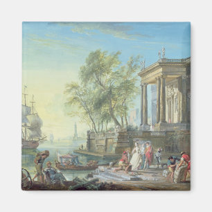 Hafen-Szene mit Einstellung Sun (Öl auf Leinwand) Magnet