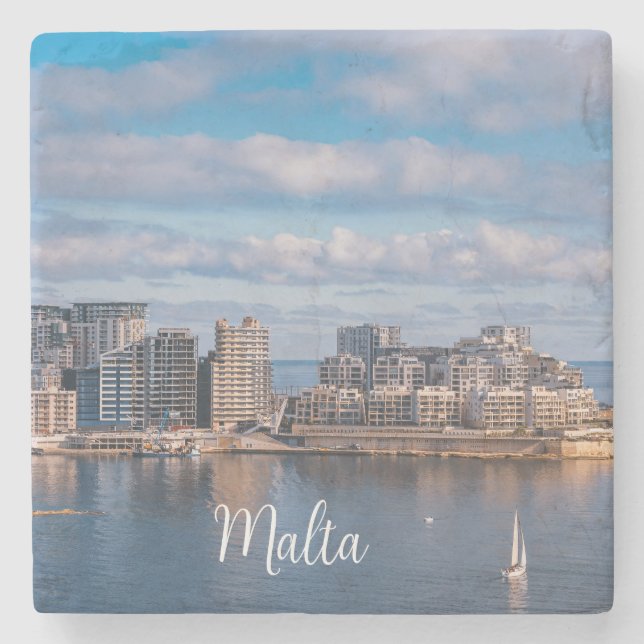 Hafen von Sliema und Wolkenkratzer in Malta Steinuntersetzer (Vorderseite)