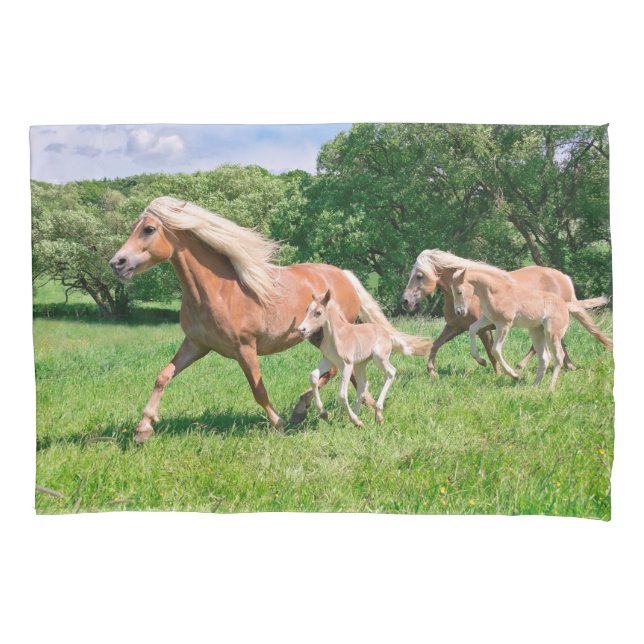 Haflinger Pferde mit niedlichen Fohlen lassen Kissenbezug (Vorderseite)