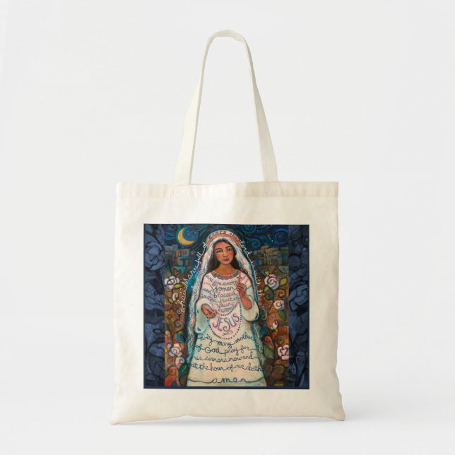 Hagel Mary mit Rosenhintergrund Taschen-Tasche Tragetasche (Vorne)