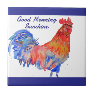 Hahn Aquarell Rot Blau Huhn Sonnenschein Fliese