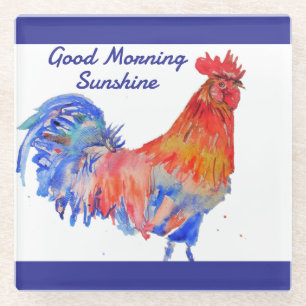 Hahn Aquarell Rot Blau Huhn Sonnenschein Glasuntersetzer