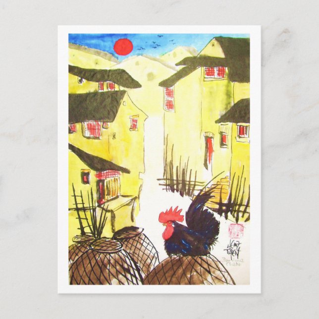 Hahn - "Daruma Chabo" - Rooster * Animal-ARTcards Postkarte (Vorderseite)