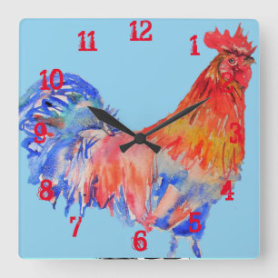 Hahn Huhn Hähnchen Kinder Jungen Kinderzimmer Quadratische Wanduhr
