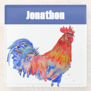 Hahn Huhn Vogel Kinder Jungen Name Blau Rot Glasuntersetzer
