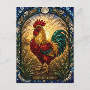 Hahn / Hühnerhof Morgendämmerung Illumina Buntglas Postkarte