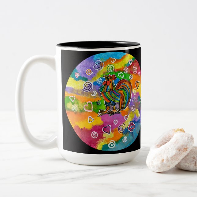 Hahn in verliebter Kaffeetasse (Mit Donut)