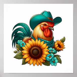 Hahn mit Türkishahn und Sonnenblumen Poster