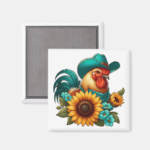 Hahn mit Türkishahnmütze und Sonnenblumen Magnet
