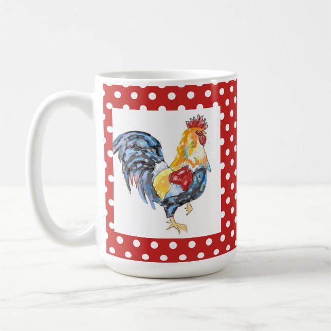 Hahn und rote Polka-Punkt Tasse (Links)