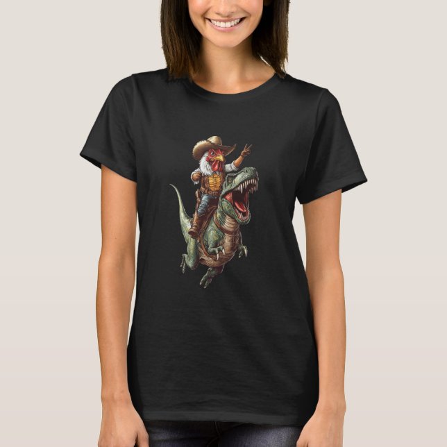 Hähnchen Hahn T Rex Cowboy T-Shirt (Vorderseite)