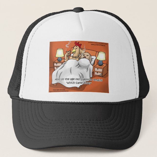 Hähnchen oder Ei kam 1. Funny Gifts & T-Shirts Truckerkappe (Vorderseite)