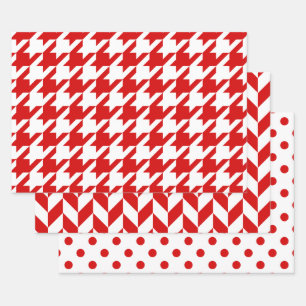 Hahnentritt, Fischgrät, Punkte DIY Farben Weiß Rot Geschenkpapier Set