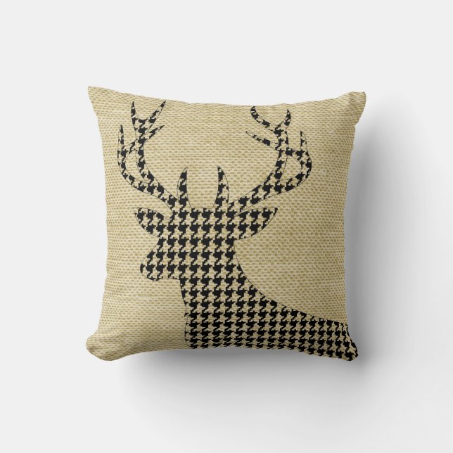 Hahnentrittmuster Deer Silhouette auf Burlap | Wei Kissen (Vorderseite)