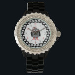 Hahnentrittmuster Owl Watch Armbanduhr<br><div class="desc">Eine Uhr mit einer Abbildung einer Eule mit Hahnentrittmuster Bauch über einem passenden Hahnentrittmuster-Hintergrund. Personalisieren Sie mit Ihrem Namen.</div>