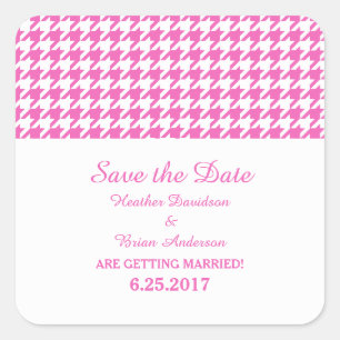 Hahnentrittmuster Save the Date Aufkleber, rosa Quadratischer Aufkleber