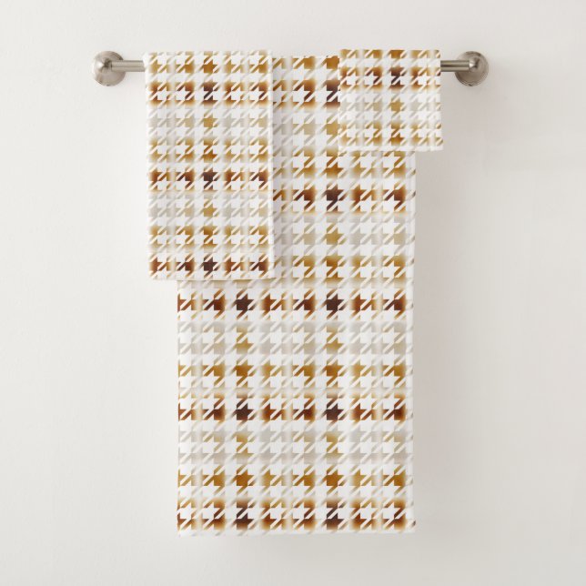 Hahnentrittmuster Soft Brown auf weißem Muster Badhandtuch Set (Insitu)