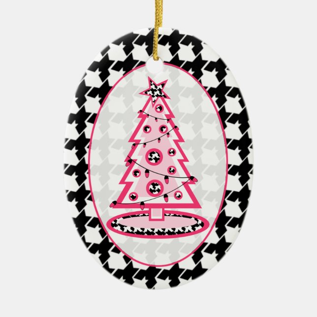 Hahnentrittmuster und Rosa Weihnachtsbaum Keramikornament (Vorne)