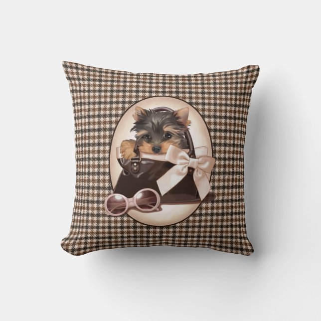 Hahnentrittmuster Yorkie Welpe Kissen (Vorderseite)