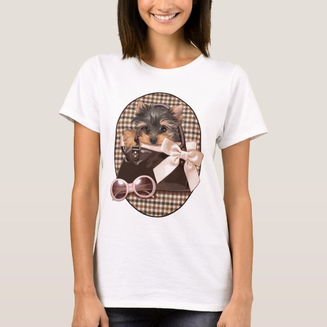 Hahnentrittmuster Yorkie Welpe T-Shirt (Vorderseite)