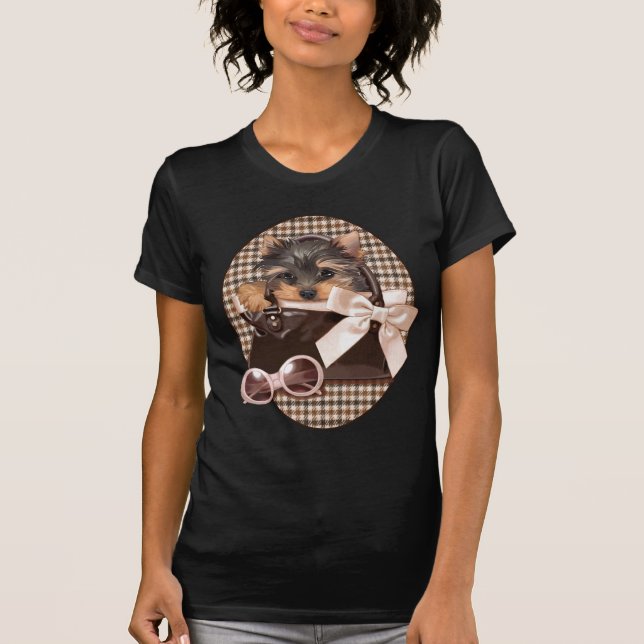 Hahnentrittmuster Yorkie Welpe T-Shirt (Vorderseite)