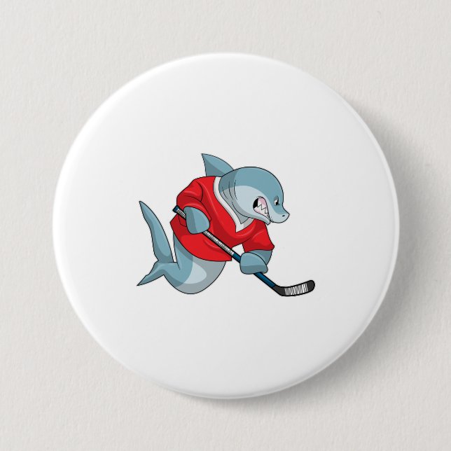 Hai beim Eishockey mit Eishockeystick Button (Vorderseite)