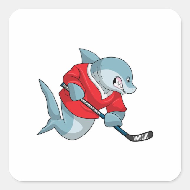 Hai beim Eishockey mit Eishockeystick Quadratischer Aufkleber (Vorderseite)