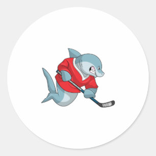 Hai beim Eishockey mit Eishockeystick Runder Aufkleber