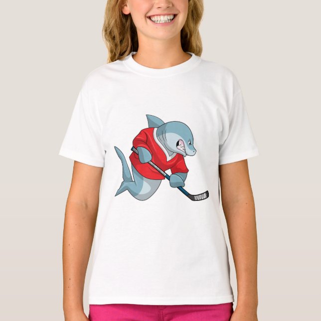 Hai beim Eishockey mit Eishockeystick T-Shirt (Vorderseite)