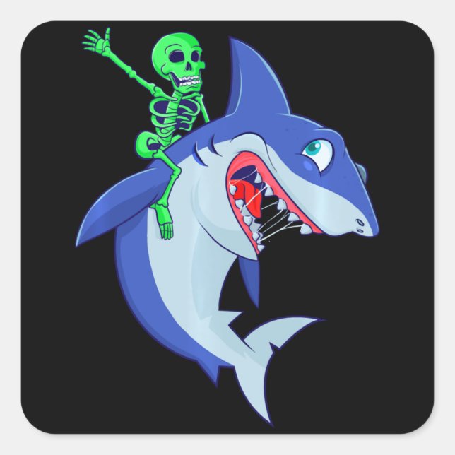 Hai Halloween Skeleton Riding Haie Lover Funny Quadratischer Aufkleber (Vorderseite)