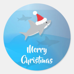 Hai mit Weihnachtsmannmütze Frohe Weihnachtsaufkle Runder Aufkleber