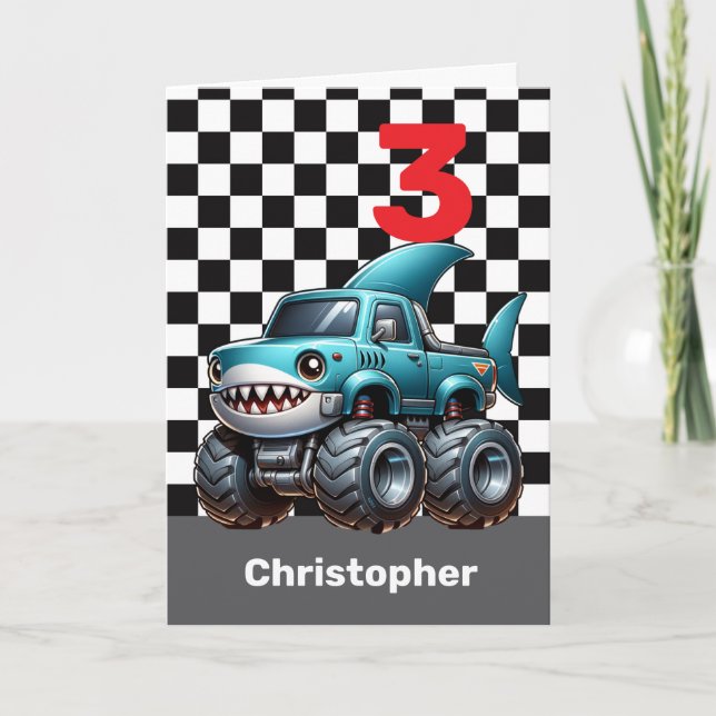 Hai Monster Truck 3. Geburtstag Karte (Vorderseite)