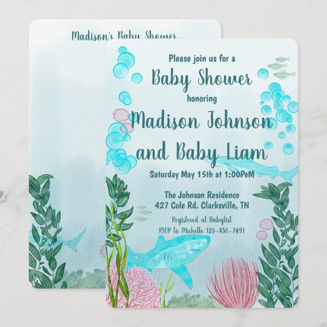 Hai, Ozean, Sea Life Baby Dusche Einladung (Vorne/Hinten)