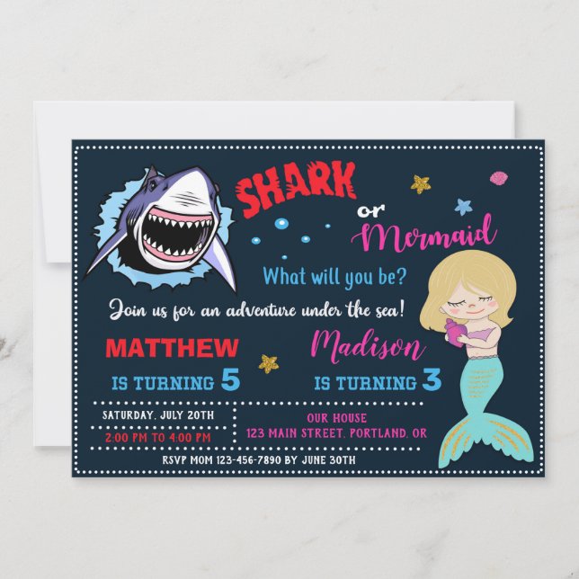 Hai und Meerjungfrau Einladung zum Geburtstag geme (Vorderseite)