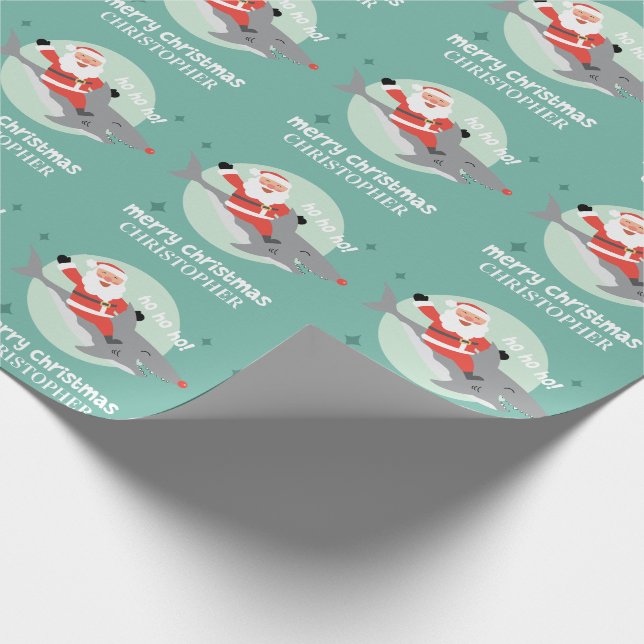 Hai und Weihnachtsmann mit Namensschild Geschenkpapier (Ecke)