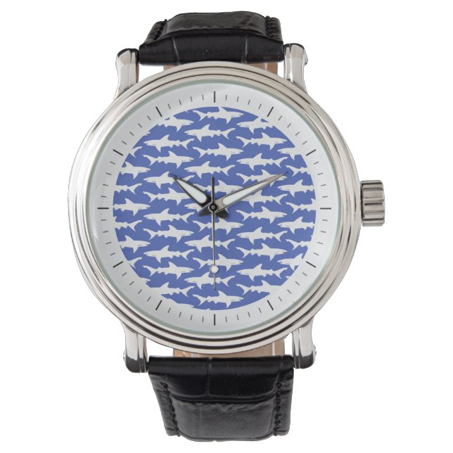 Haiangriff - Blau und Weiß Armbanduhr (Vorderseite)