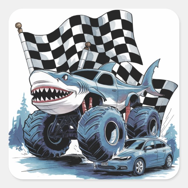 Haiangriff Monster Truck Birthday Bash Quadratischer Aufkleber (Vorderseite)