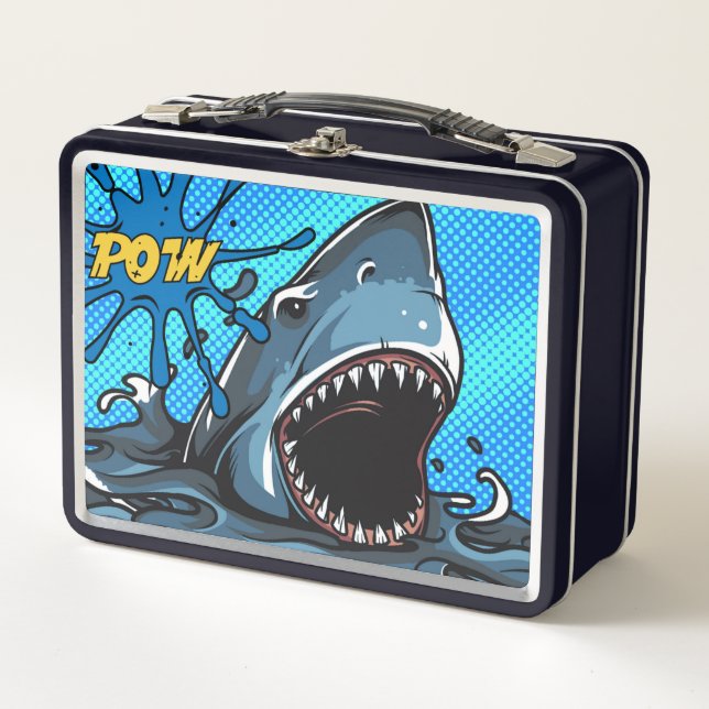 Haiangriff POW Superhero Comic Wasser Platsch Metall Brotdose (Vorderseite)