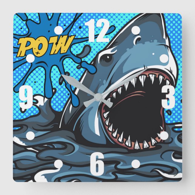 Haiangriff POW Superhero Comic Wasser Platsch Quadratische Wanduhr (Vorderseite)