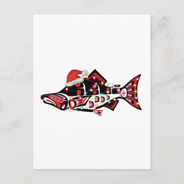 Haida Lachs Geist Tier mit Weihnachtsbeleuchtung Postkarte (Vorderseite)