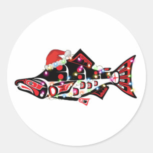 Haida Lachs Geist Tier mit Weihnachtsbeleuchtung Runder Aufkleber
