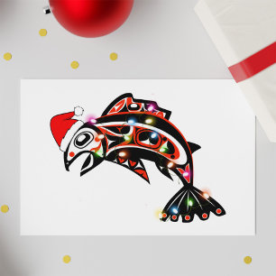 Haida-Lachs-Spirit-Animal mit Weihnachtslichtern Karte