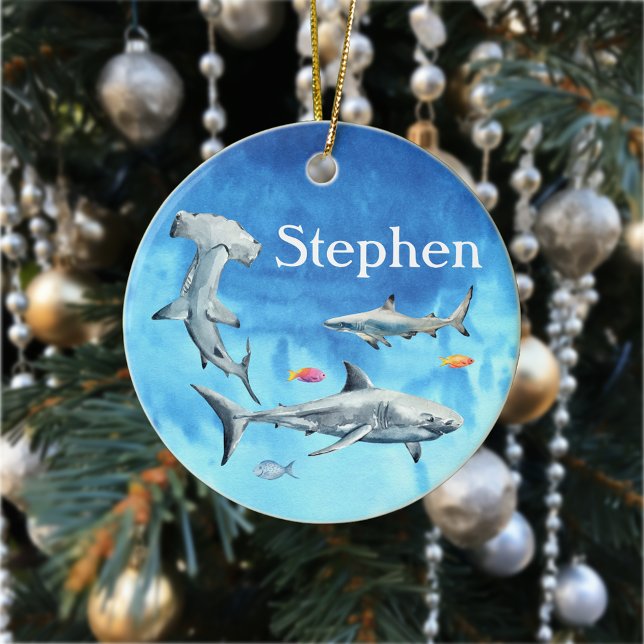 Haie in Aquarelltönen Hammerhead Great White Reef Keramik Ornament (Von Creator hochgeladen)